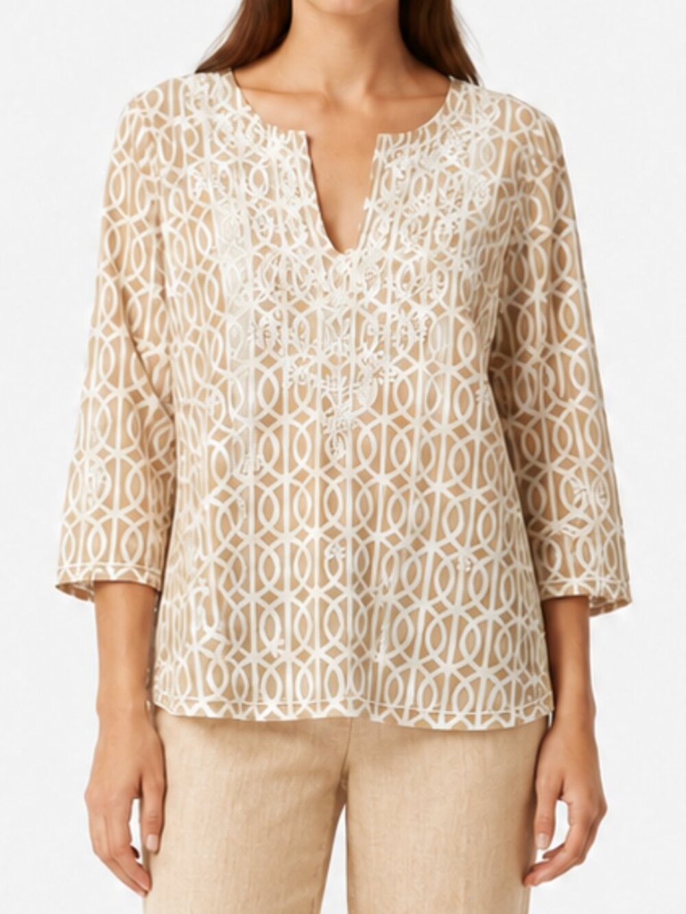 Title: Gretchen Scott Tan Ivory 100% Cotton Embroidered Tunic Top Blouse Size XL